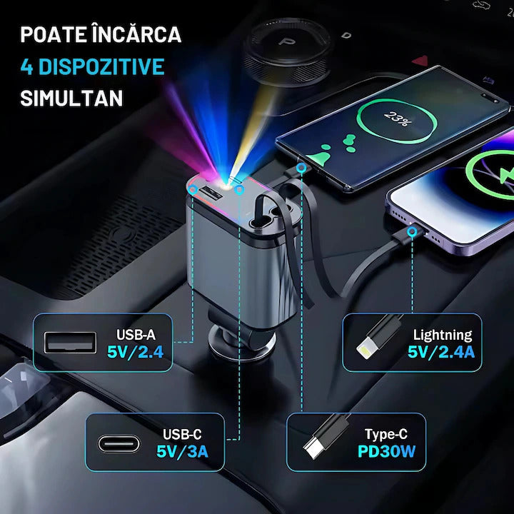 Încărcător Auto Retractabil cu LED Ambiental - Carzs