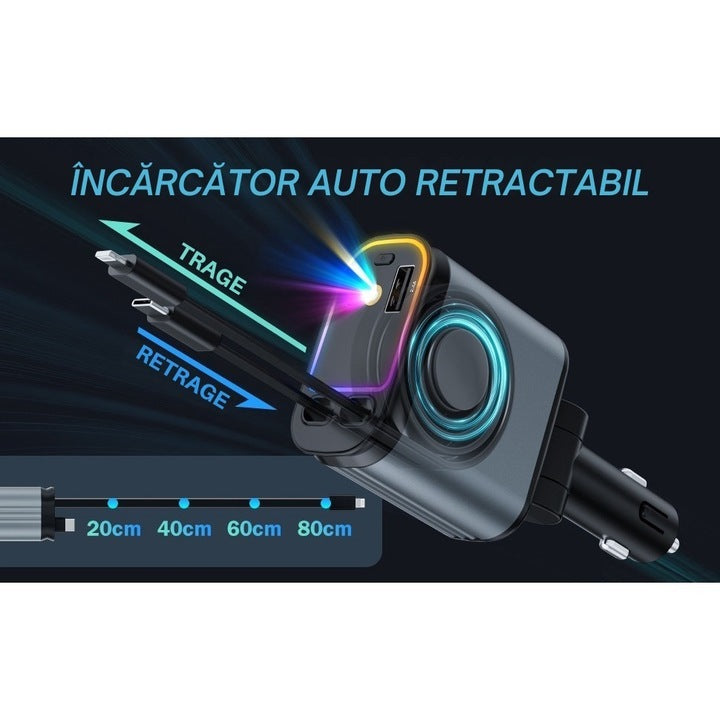 Încărcător Auto Retractabil cu LED Ambiental - Carzs